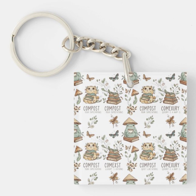 Porte-clefs Whimsical "Compost Your Expectations" Frog & Cat P (Devant)