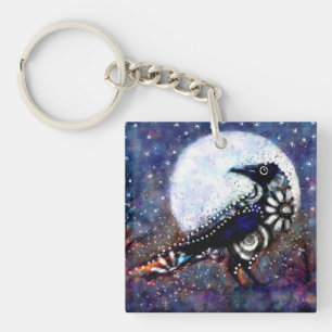 Porte-clefs Whimsical Raven Lune Floral Noir Blanc Bleu
