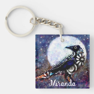 Porte-clefs Whimsical Raven Moon Floral Abstrait Personnalisé