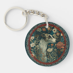 Porte-clefs Whippet Bringé et Blanc Floral William Morris