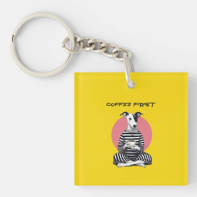 Porte-clefs Whippet Coffee Time – Chien Rétro Excentrique (Devant)