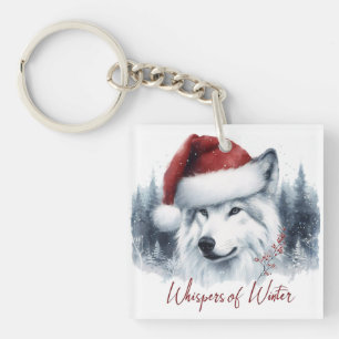 Porte-clefs Whispers d'hiver - Wolf aquarelle à Santa Hat