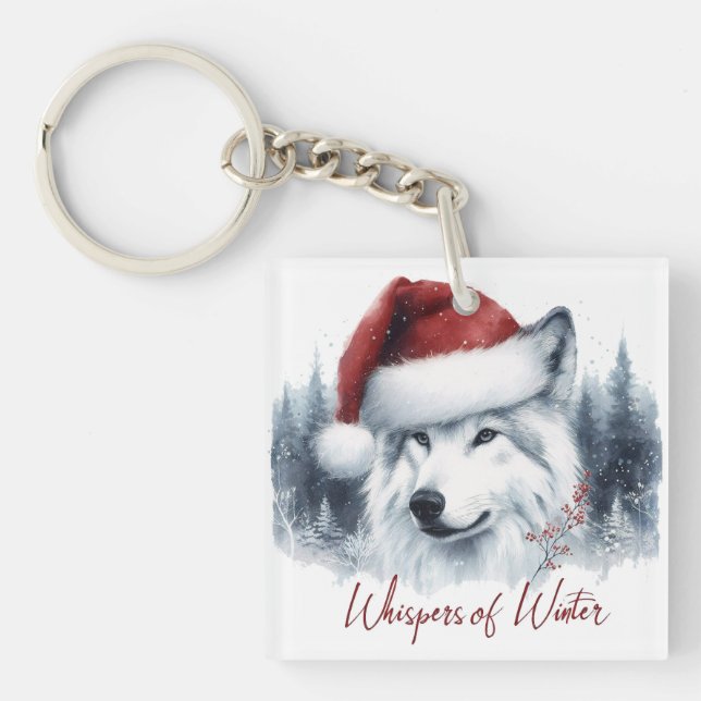 Porte-clefs Whispers d'hiver - Wolf aquarelle à Santa Hat (Devant)