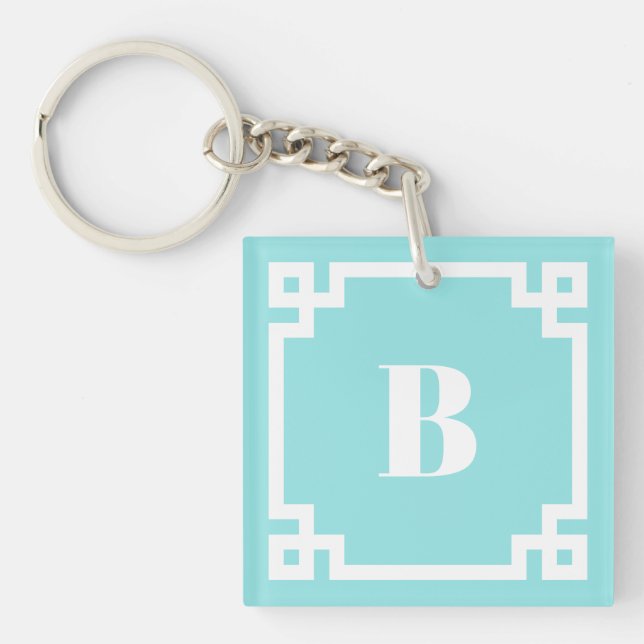 Porte-clefs White Square Greek Key Border Aqua Blue Monogram (Devant)