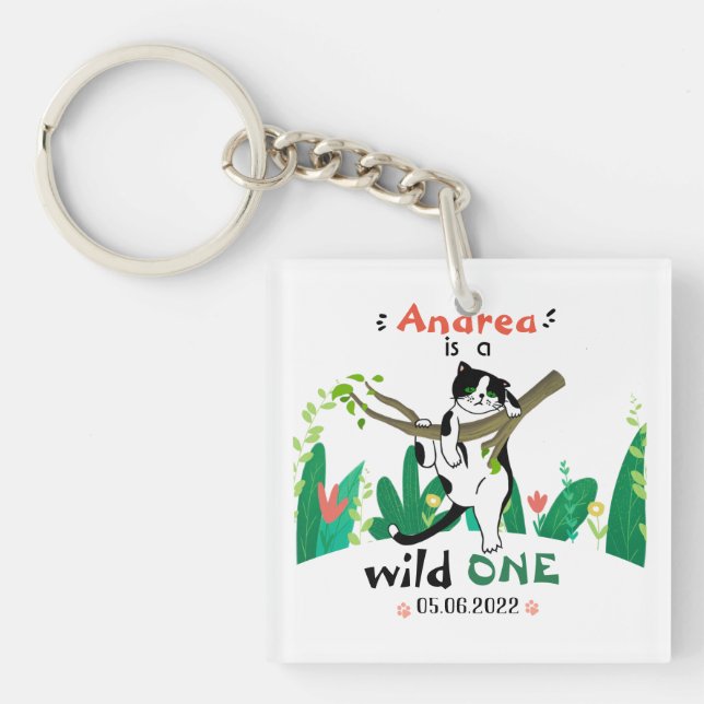 Porte-clefs Wild One Greenery Safari Kitty Chat 1er anniversai (Devant)