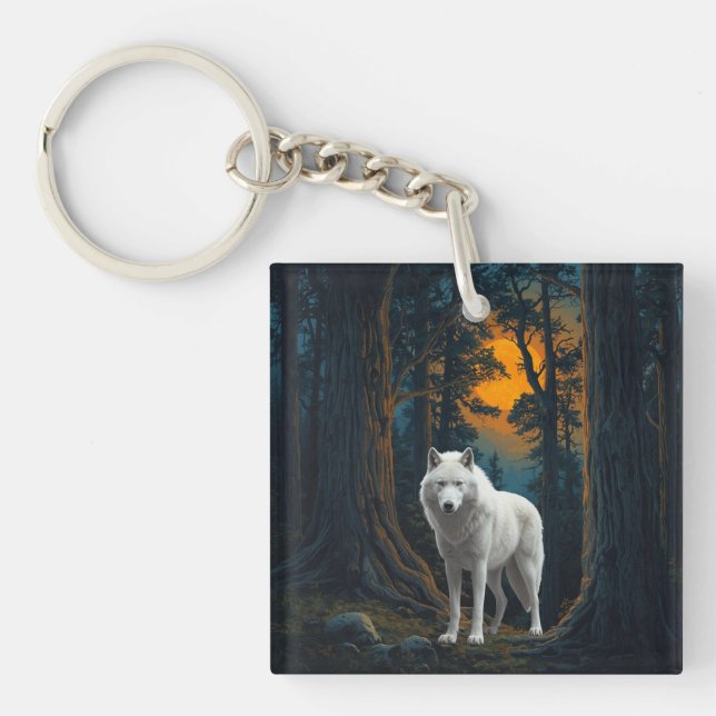 Porte-clefs Wild White Wolf Under Moonlight Forest Animal (Devant)