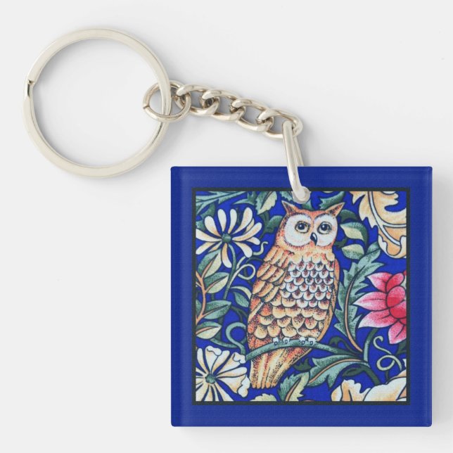 Porte-clefs William Morris Owl Tapestry, Beige et Cobalt Blue (Devant)
