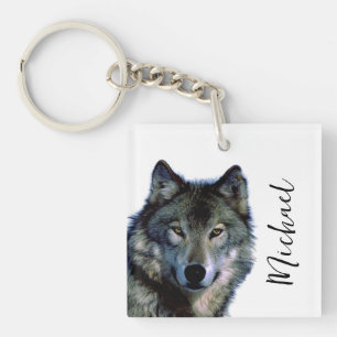 Porte-clefs Wolf Portrait Votre nom Écriture personnalisée