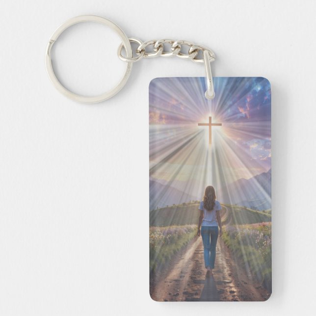 Porte-clefs Woman Walking Toward Glowing Cross – Faith Journey (Devant)