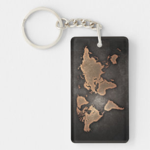 Porte-clefs World map leather geographical brown