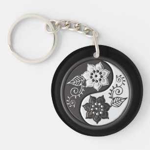 Porte-clefs Yin Yang Floral Noir et Argent