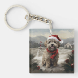 Porte-clefs Yorkipoo chien dans la neige Noël