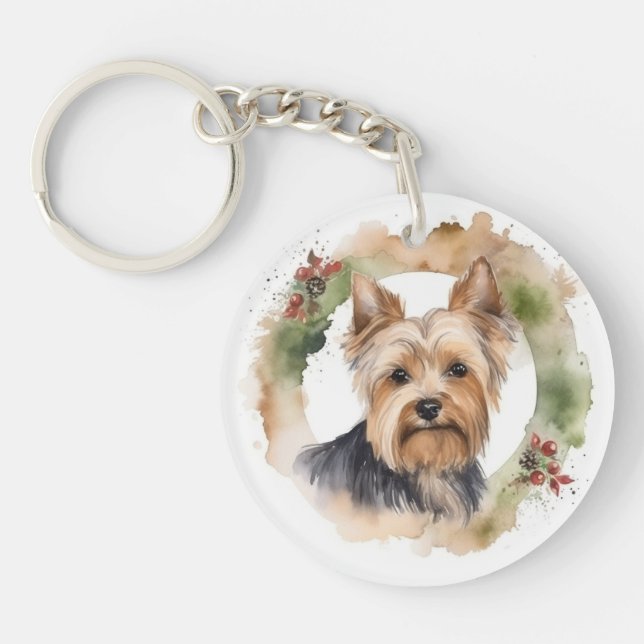 Porte-clefs Yorkshire Terrier Fête de la couronne de Noël Coup (Devant)