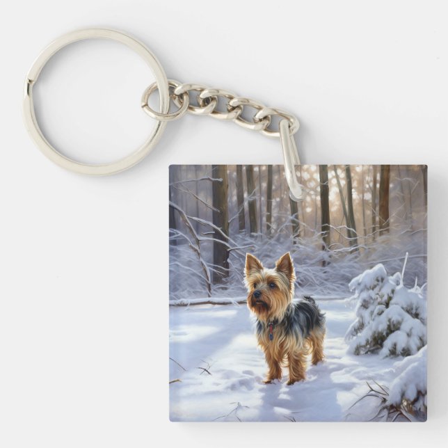 Porte-clefs Yorkshire Terrier Laisser Neige Noël (Devant)