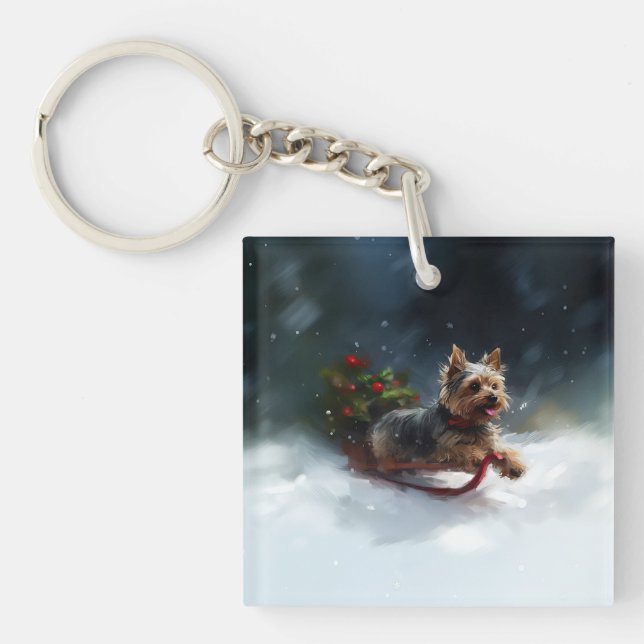 Porte-clefs Yorkshire Terrier Noël neige hiver (Devant)
