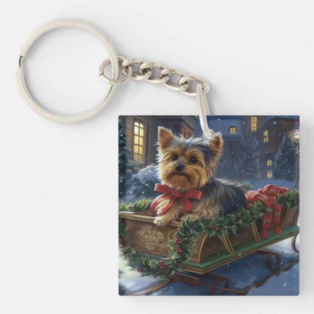 Porte-clefs Yorkshire Terrier Saison de Noël festive (Devant)