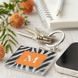 Porte-clefs Zèbre Artistique Gris Orange & Monogramme Rose Cha