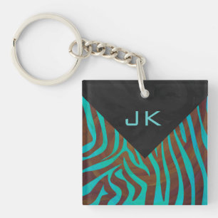 Porte-clefs Zèbre Brown et Turquoise avec Monogramme