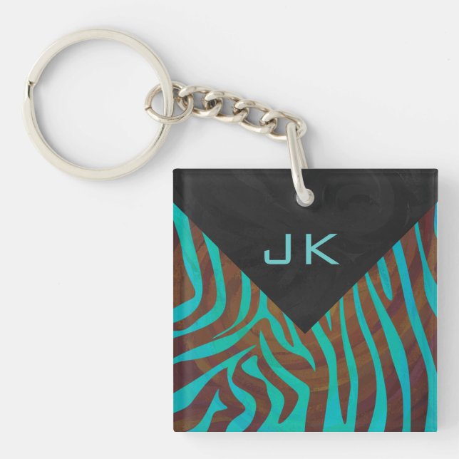 Porte-clefs Zèbre Brown et Turquoise avec Monogramme (Devant)