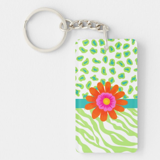 Porte-clefs Zèbre vert, blanc et Turquoise & Fleur orange Chee (Devant)