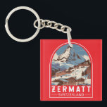 Porte-clefs Zermatt Suisse Illustration Voyage Art Retro<br><div class="desc">Design de déplacement vectoriel rétro Zermatt. Zermatt,  dans le canton du Valais,  est une station de montagne réputée pour le ski,  les escalades et le randonnée.</div>