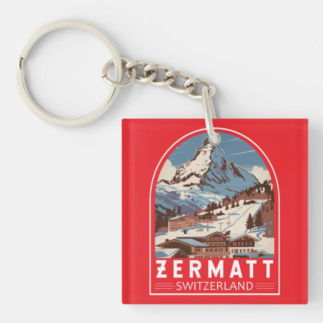 Porte-clefs Zermatt Suisse Illustration Voyage Art Retro (Devant)