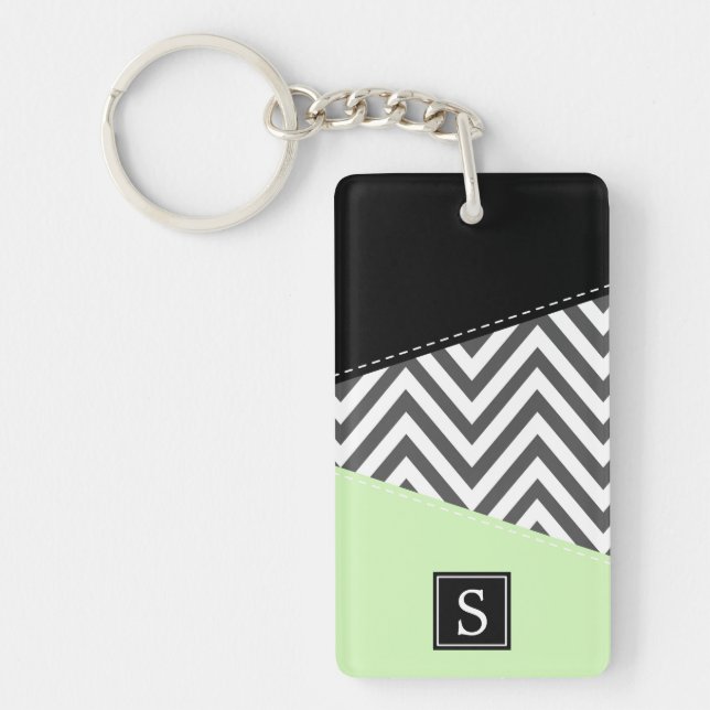 Porte-clefs Zigzag Gris, Chevron Gris, Menthe, Monogramme (Devant)