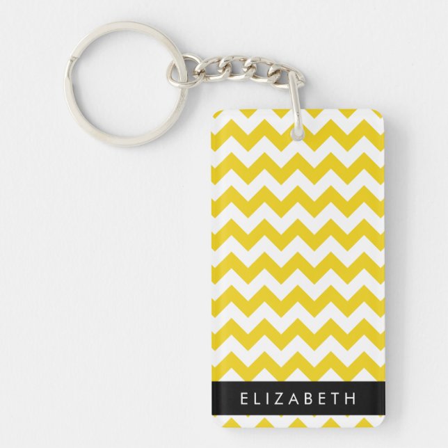 Porte-clefs Zigzag Jaune, Chevron Jaune, Votre Nom (Devant)