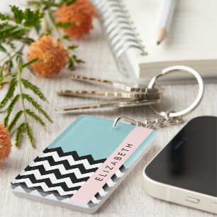 Porte-clefs Zigzag noir et blanc, Chevron, Bleu, Votre nom