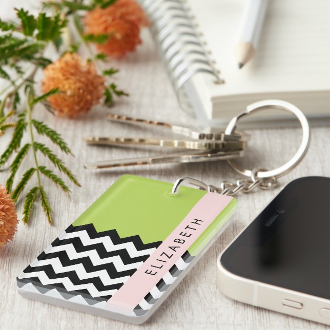 Porte-clefs Zigzag noir et blanc, Chevron, Vert, Votre nom (Devant droit)