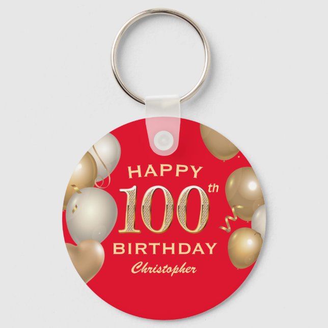 Porte-clés 100e fête d'anniversaire Ballons rouge et or (Recto)