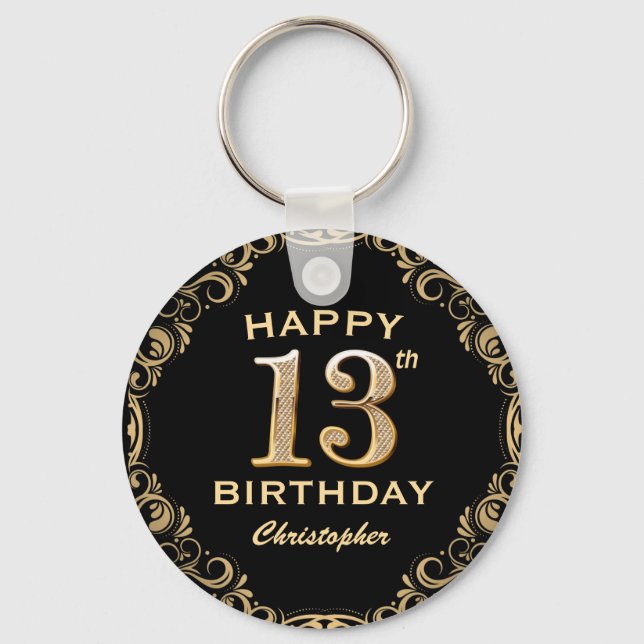 Porte-clés 13th Birthday Party Black and Gold Glitter Frame (Recto)