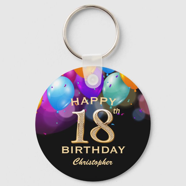 Porte-clés 18th Birthday Party Black and Gold Balloons (Recto)