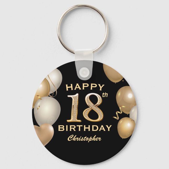 Porte-clés 18th Birthday Party Black and Gold Balloons (Recto)