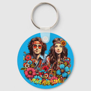 Porte-clés 1960 Hippie Couple enfant à fleurs Peace & Love ar