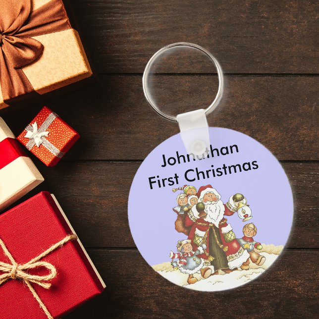 Porte-clés 1er Noël de bébé mignonne Père Noël Enfants (Santa with group little children in snow on baby's first Christmas blue keychain.)