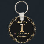Porte-clés 1st Birthday Party Black and Gold Glitter Frame<br><div class="desc">1st Birthday Party Black and Gold Glitter Frame Keychain. For further customization,  please click the "Customize it" button and use our design tool to modify this template.</div>