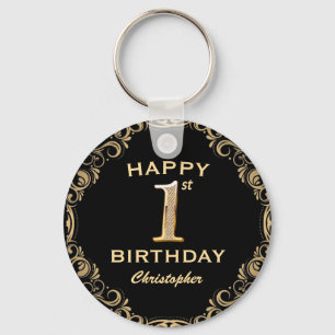 Porte-clés 1st Birthday Party Black and Gold Glitter Frame