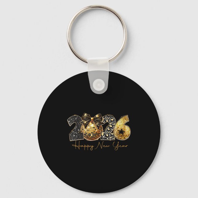 Porte-clés 2026 Happy New Year Gold Disco Leopard Bow Coquett (Recto)