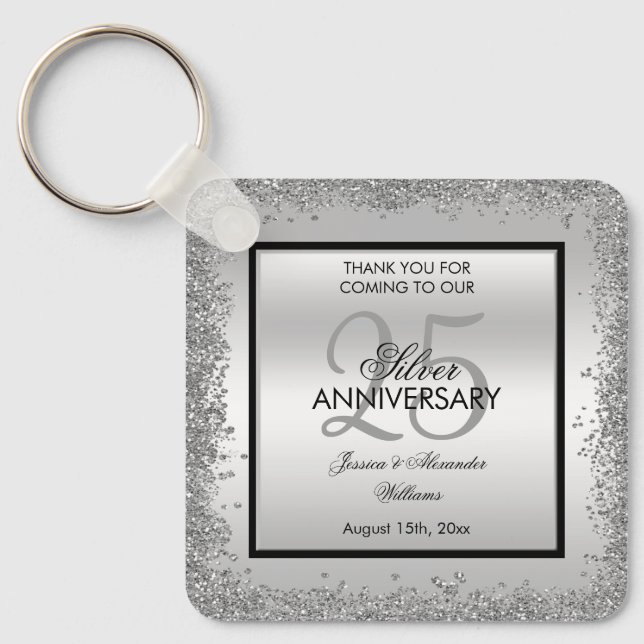 Porte-clés 25e anniversaire du Mariage Glitzy Silver & Black (Recto)