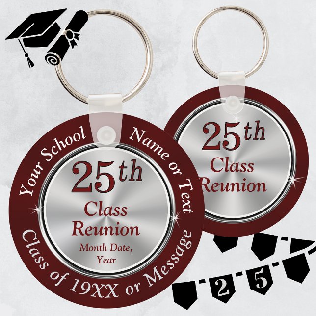 Porte-clés 25ème Classe Idées de Réunion, 25ème Faveurs de Ré (25th Class Reunion Favors. Maroon Burgundy and Silver Gray, Class Reunion Keychains.)