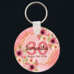 Porte-clés 30th birthday party coral gold dahlia flowers<br><div class="desc">A trendy keychain for a 30th birthday party. With a faux gold hexagon geometrical shaped frame. Decorated with watercolored dahlia flowers in pink, cream and coral. Living coral with polka dots as background. Templates for a name, age 30 and a date. Date of birth or date of the party. Burgundy...</div>