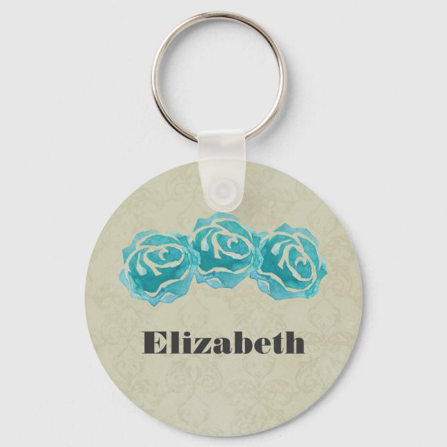 Porte-clés 3 Roses Turquoises d'aquarelle sur Tan Damask Cust (Recto)