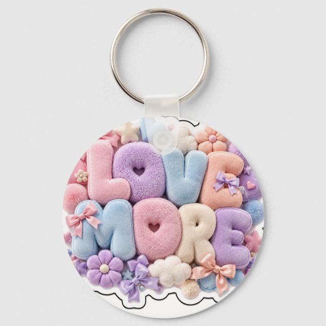 Porte-clés 3D en peluche pastel "AMOUR EN PLUS" (Recto)
