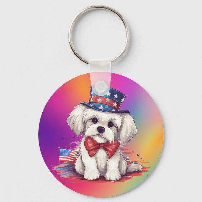 Porte-clés 4 juillet Chien blanc mignon Chien-43568 (Recto)