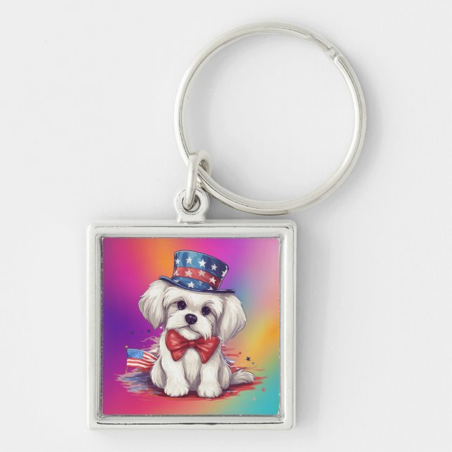 Porte-clés 4 juillet Chien blanc mignon chiot-43568 (Devant)