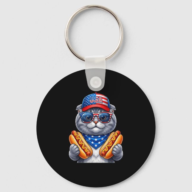 Porte-clés 4 juillet hotdog chat scottish fold drôle (Recto)