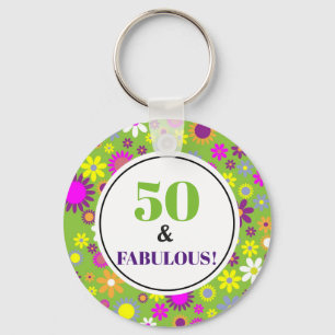 Porte-clés 50 et fabuleux 50e anniversaire Floral vert pourpr