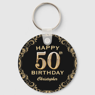 Porte-clés 50th Birthday Party Black and Gold Glitter Frame