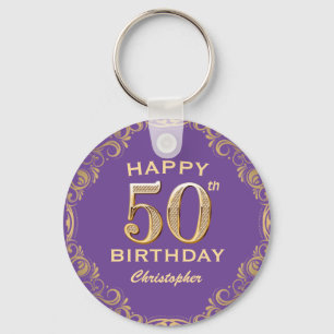 Porte-clés 50th Birthday Party Purple and Gold Glitter Frame